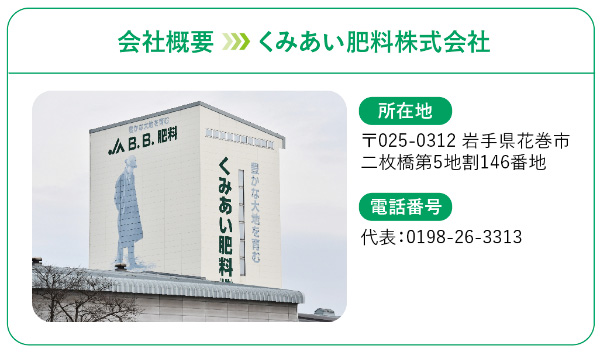 会社概要　くみあい肥料株式会社
所在地
〒025-0312 岩手県花巻市
二枚橋第5地割146番地
電話番号
代表：0198-26-3313